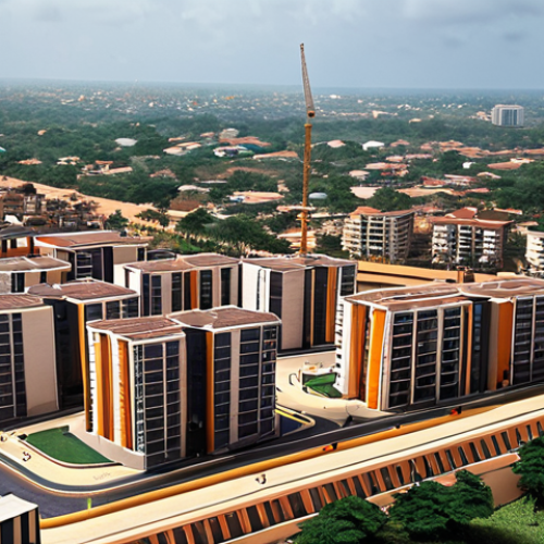 Home 18 **Prompt 1: Dynamic Urban Expansion in Accra, Ghana**
A vibrant, sunlit cityscape of Accra, Ghana, depicting rapid real estate development. The scene features multiple construction cranes actively building sleek, modern luxury apartment complexes and commercial high-rises. Include bustling streets with a mix of local Ghanians and diverse individuals, conveying a sense of dynamic urban growth and future-oriented prosperity. The architecture should blend contemporary design with subtle hints of Ghanaian culture.