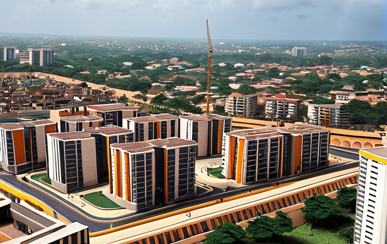 **Prompt 1: Dynamic Urban Expansion in Accra, Ghana**
A vibrant, sunlit cityscape of Accra, Ghana, depicting rapid real estate development. The scene features multiple construction cranes actively building sleek, modern luxury apartment complexes and commercial high-rises. Include bustling streets with a mix of local Ghanians and diverse individuals, conveying a sense of dynamic urban growth and future-oriented prosperity. The architecture should blend contemporary design with subtle hints of Ghanaian culture.