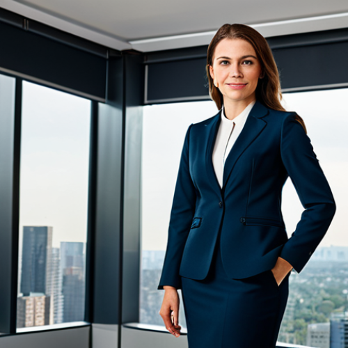 Home 17 **
A professional businesswoman in a modest, tailored business suit, standing confidently in a modern office with large windows overlooking a city skyline, fully clothed, appropriate attire, safe for work, perfect anatomy, natural proportions, professional corporate photography, high quality, family-friendly.
**