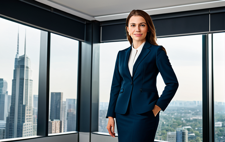 **
A professional businesswoman in a modest, tailored business suit, standing confidently in a modern office with large windows overlooking a city skyline, fully clothed, appropriate attire, safe for work, perfect anatomy, natural proportions, professional corporate photography, high quality, family-friendly.
**